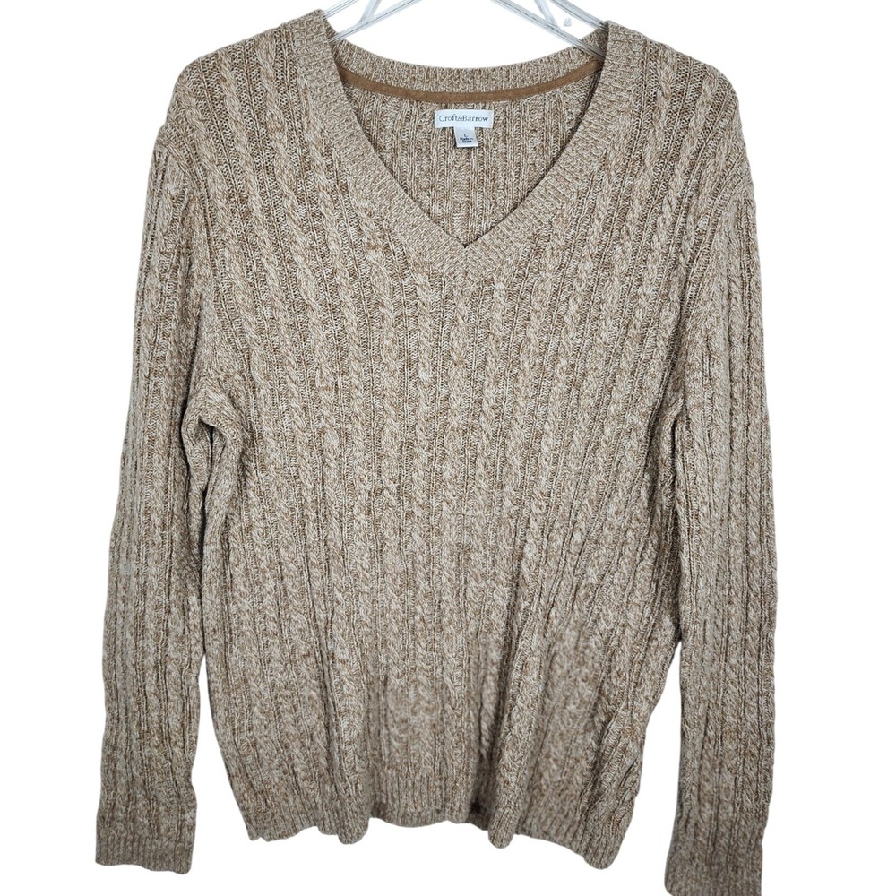 Croft & Barrow Women's Cable Knit V-Neck Sweater Size L Long Sleeve Beige Cotton